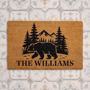 Personalized  Natural Bear Doormat, Custom Family Name Coir Welcome Mat, Rustic Cabin Forest Door Mat, Mountain Lodge Front Porch Decor