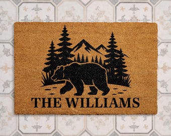 Personalized  Natural Bear Doormat, Custom Family Name Coir Welcome Mat, Rustic Cabin Forest Door Mat, Mountain Lodge Front Porch Decor
