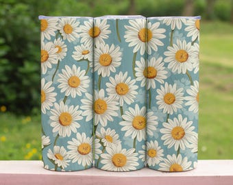 Vaso con margaritas azules, vaso floral de primavera, vaso delgado de 20 oz con flores silvestres, taza con estampado floral estilo cottagecore, taza de viaje botánica retro.