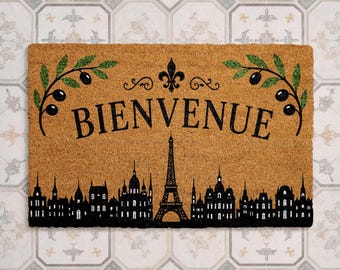 French Bienvenue Doormat, Paris Eiffel Tower Welcome Mat, Olive Branch Entryway Decor, French Country Housewarming Gift