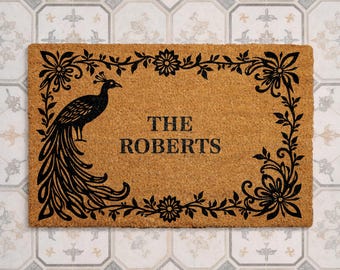 Personalized Peacock Doormat, Custom Family Name Coir Doormat, Elegant Floral Border Welcome Mat, Housewarming Gift