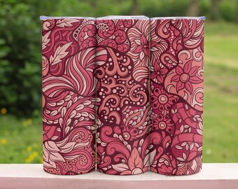 Vaso delgado de 20 oz con estampado floral bohemio rosa, taza de viaje retro de acero inoxidable para chicas, taza con estética femenina con tapa y pajita, lindo regalo para ella.