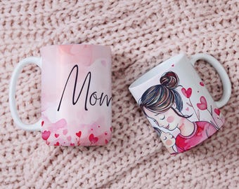 Mother and Daughter Mug, Mom Coffee Mug, Pink Heart Ceramic Cup, Loving Gift for Mom, Cute Family Illustration Mug, 11oz 15oz Mugs