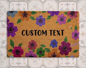 Colorful Flower Doormat, Personalized Welcome Mat, Custom Door Mat, Housewarming Gift, Coir Doormat, Retro Floral Mat, Home Decor Gift