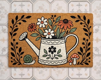 Garden Doormat, Floral Watering Can Door Mat, Cottagecore Spring Welcome Mat, Mushroom Snail Porch Rug, Gardener Gift, Coir Outdoor Mat