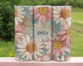 Vaso personalizado con diseño de margaritas, vaso vintage con nombre personalizado y diseño de margaritas, taza de viaje floral retro, taza con diseño de flores silvestres en tonos pastel, regalo para mamá.