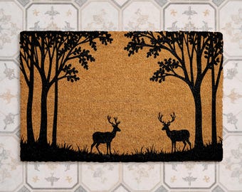 Felpudo rústico de ciervo, felpudo de cabaña, felpudo de bienvenida de bosque, alfombra de entrada de bosque, decoración de cabaña, regalo para cabaña de caza