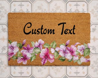 Felpudo personalizado con diseño de flores rosas, felpudo de bienvenida a medida, decoración de entrada primaveral, alfombra de porche estilo cabaña.