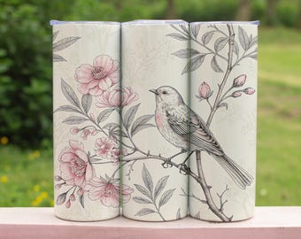 Vintage Vogel Blumenbecher, rosa Frühlingsvogel Tasse, Cottagecore 20 Unzen dünner Becher, weibliches Natur Geschenk für Sie