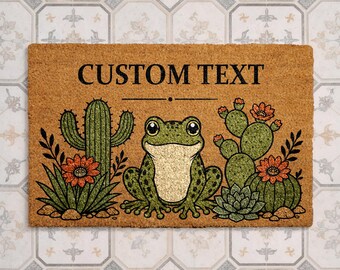 Custom Frog Doormat, Personalized Cactus Welcome Mat, Cute Desert Porch Mat, Southwest Front Door Decor, Frog Lover Housewarming Gift