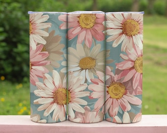 Vaso rosa con estampado floral, vaso con diseño floral estilo cottagecore, vaso delgado de 590 ml, taza suave con estampado de flores silvestres de primavera, lindo regalo botánico para ella.