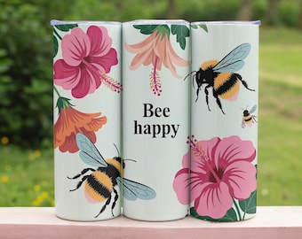 Vaso térmico delgado de 20 oz con diseño de abeja floral, taza de viaje de acero inoxidable, taza con diseño de abeja primaveral.