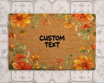 Custom Cosmos Flower Doormat, Personalized Floral Welcome Mat, Orange Wildflower Entry Rug, Custom Text Doormat, Housewarming Gift