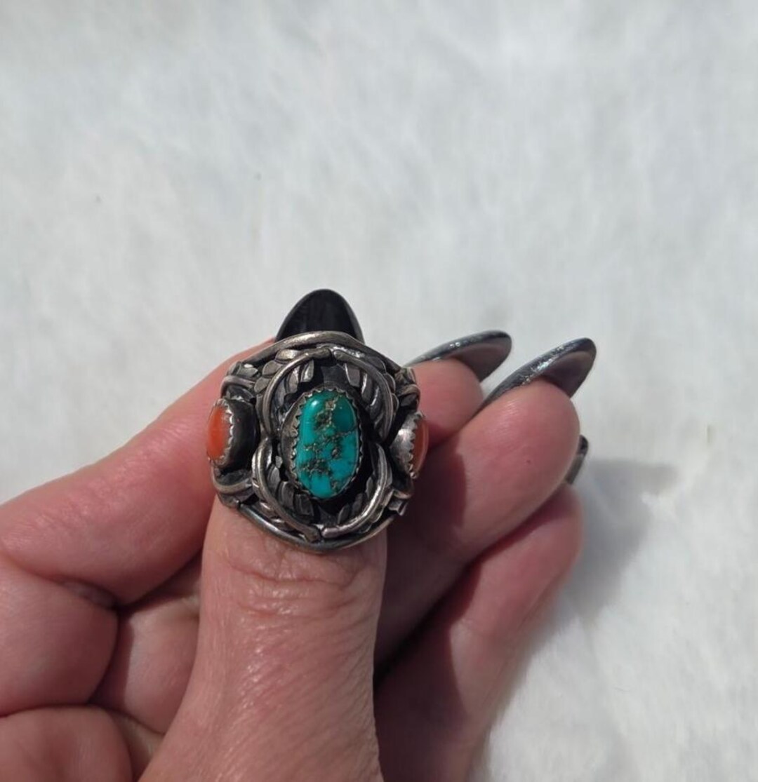 Vintage Navajo Turquoise and Coral Sterling Silver Ring - Etsy