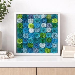 Blue Green Paper Flower Shadow Box Art, Botanical Floral Frame, Calming Nature Decor