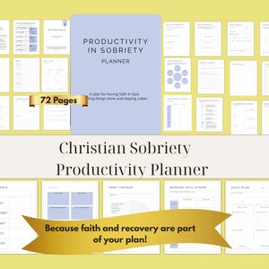 May include: A Christian Sobriety Productivity Planner with 72 pages. The cover is light blue with the title "Productivity in Sobriety Planner". The planner includes sections for SMART goals, habit tracking, and daily planning. The text "Because faith and recovery are part of your plan!" is also visible.