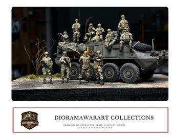 Puede incluir: Un diorama detallado que presenta un vehículo militar y soldados en miniatura con uniformes de camuflaje. La escena incluye varias figuras de pie y montadas en el vehículo, con detalles realistas y un enfoque en el equipo militar. El texto "DIORAMAWARART COLLECTIONS" es visible.