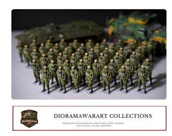 Puede incluir: Colección de modelos militares de resina pintados a mano en miniatura. La imagen presenta un grupo de soldados con uniformes verde oliva, de pie en formación. Se ven vehículos militares al fondo. El texto "DIORAMAWARART COLLECTIONS" se muestra en la parte inferior.