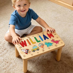Personalized Name Puzzle Step Stool Montessori Wooden Bathroom Helper for Toddlers 1st Birthday Gift