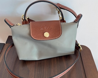 Vintage Bag Mini Pouch with Handle -Gray Nylon & Brown Leather