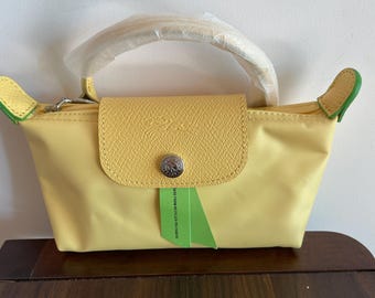 Vintage Bag Mini Pouch with Handle - Yellow Nylon & Brown Leather