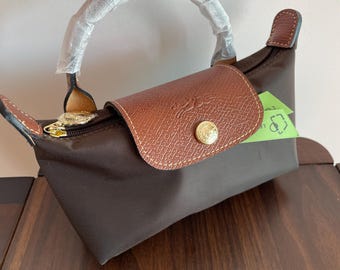 Vintage Bag Mini Pouch with Handle -Coffee Brown Nylon & Brown Leather