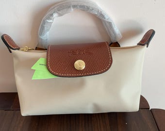 Vintage Bag Mini Pouch with Handle - Paper/Beige Nylon & Brown Leather