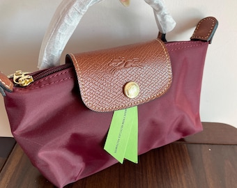 Vintage Bag Mini Pouch with Handle -Red Nylon & Brown Leather