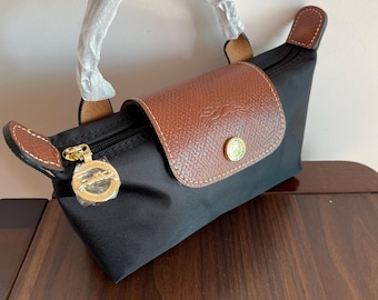 Vintage Bag Mini Pouch with Handle -Black Nylon & Brown Leather