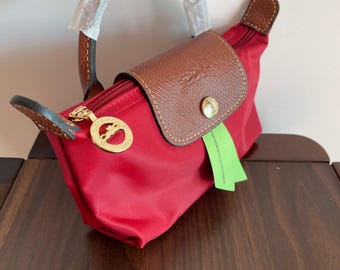 Borsa vintage mini con manico - Nylon rosso e pelle marrone