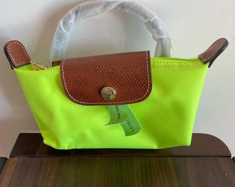 Bright green Vintage Bag Mini Pouch with Handle - Nylon & Brown Leather