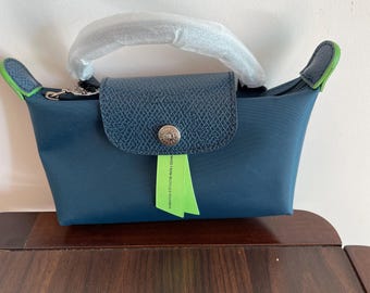 Vintage Bag Mini Pouch with Handle - Dark Blue Nylon & Brown Leather