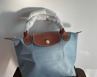 Vintage Light Blue Polyamide Canvas Mini Tote Bag with Leather Trim