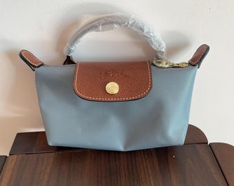 Vintage Tasche Mini Beutel mit Henkel - Blau Nylon & Braunem Leder