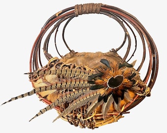 Cestas Vintage SUN SPIRIT Feitas à Mão com Inspiração Nativa Americana, Decoração do Sudoeste, Tamanho Extra Grande, com Penas