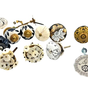Misc Lot of 10 Vintage Metal & Ceramic Drawer Pulls Cabinet Knobs Florals Clock