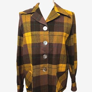 Vtg 50's PENDLETON Women's L 49ers Jacket Shirt Brown Yellow Plaid Dagger Collar