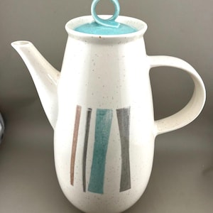Cafeteira vintage Vernonware Metlox Anytime, estilo retrô anos 50, em excelente estado de conservação, listrada, turquesa, fabricada nos EUA.
