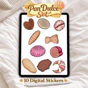 May include: A digital illustration of a "Pan Dulce Set" featuring ten different types of Mexican sweet bread. The image includes a variety of colorful pastries, such as conchas, orejas, and croissants, displayed on a tablet screen. The text "10 Digital Stickers" is also visible.