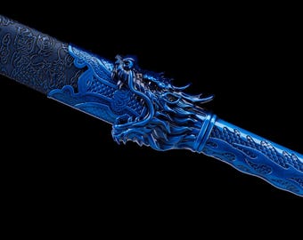 Hand-Forged Blue Flame Pattern Tang Horizontal Knife, Blue Tempered Sword, High Manganese Steel, Collection Decor