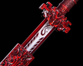 Handcrafted Red Theme Samurai Katana Sword, Red Pattern Full Tang, High Manganese Steel, Christmas Gift