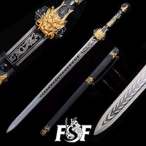 May include: An ornate sword with a silver blade and black handle. The hilt features a gold dragon design. The scabbard is black with gold accents. The sword's blade has a decorative pattern. The logo "FSF" is at the bottom.
