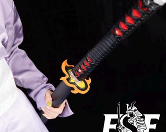 Handmade Real Katana Style Tanjiro Replica, Black Wave Blade & Flame Guard, Collectors Anime Sword