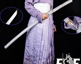 Katana blanca hecha a mano, espada katana samurái japonesa de acero de alto carbono con espiga completa, perfecta para exhibición de artes marciales.