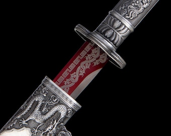 Hand Forged Original Dragon Series Samurai Katana, White scabbard, Red dragon-patterned blade, Full Tang High Carbon Steel, Gift for Him