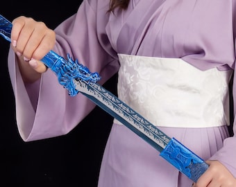 Handmade Dragon Katana, High Manganese Steel Blue Blade, Full Tang, Gift for Friend Boyfriend Father