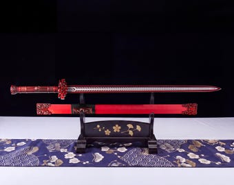 Handmade Crimson Samurai Katana Sword, Full Tang High Manganese Steel, Martial Arts Display