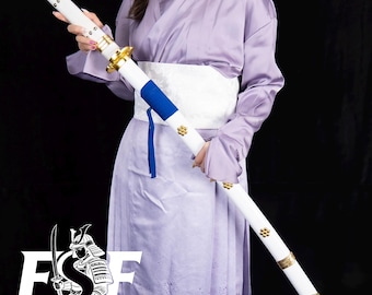 Handmade Anime Inspired Metal Katana Sword, White scabbard, Red accents, Cosplay Samurai Sword, Clay Tempered