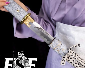 Hand Forged Samurai Katana, Full Tang High Carbon Steel, Golden yellow embellishment scabbard