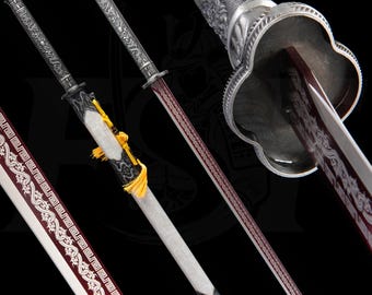 Hand Forged Red High Manganese Steel Dragon Sword, Dragon Engraved, sword gift for collectors